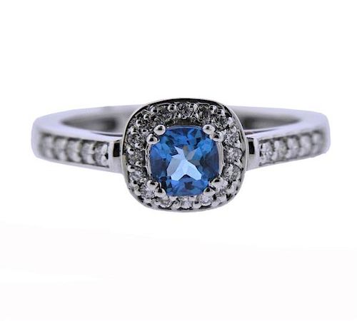 14K Gold Diamond Blue Topaz Halo Ring