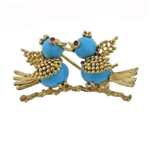 18K Gold Turquoise Ruby Love Bird Brooch Pin