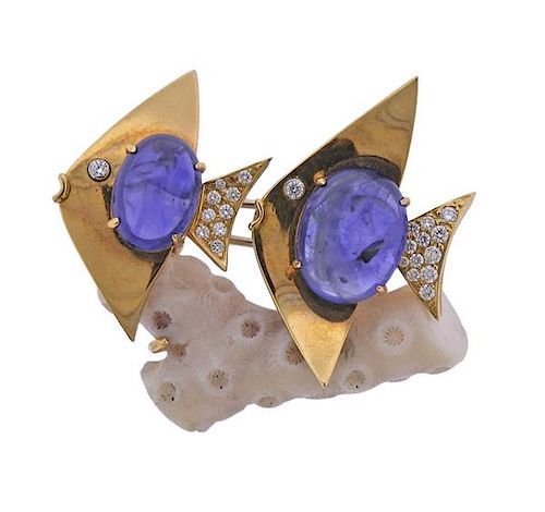 Aletto Brothers Coral Sapphire Diamond Gold Brooch 