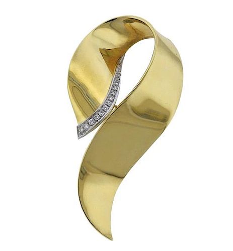 Large 18K Gold Diamond Ribbon Brooch Pin