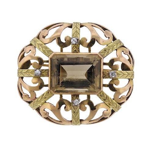 14K Gold Diamond Citrine Brooch Pendant