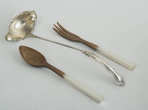 ART NOUVEAU SILVER PUNCH LADLE AND A PAIR OF SILVER-HANDLED WOOD SALAD SERVERS