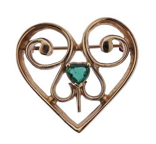 Antique 14K Gold Emerald Heart Brooch