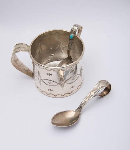 LATIN AMERICAN INCISED SILVER BABY MUG AND TWO SPOONS