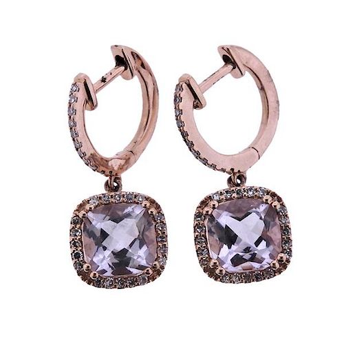 14K Gold Diamond Amethyst Huggie Dangle Earrings