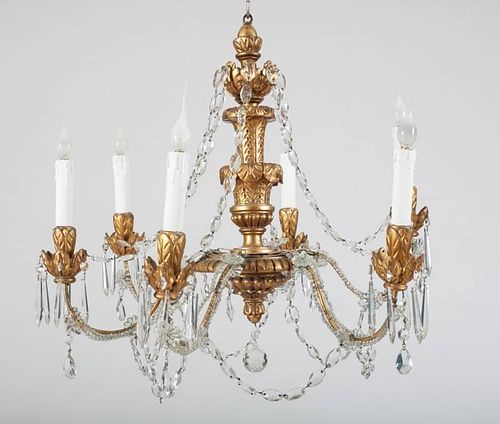 CONTINENTAL GILTWOOD, BEADED AND CUT-GLASS SIX-LIGHT CHANDELIER