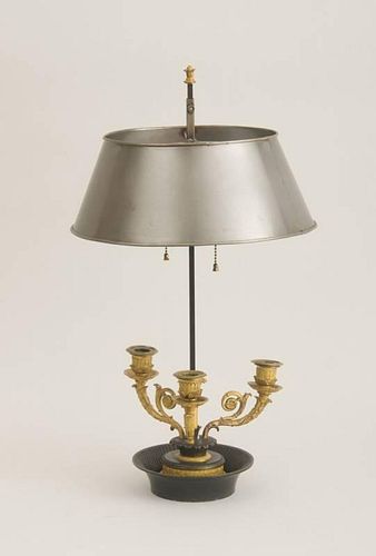 CHARLES X ORMOLU AND PATINATED BRONZE THREE-LIGHT BOUILLOTTE LAMP