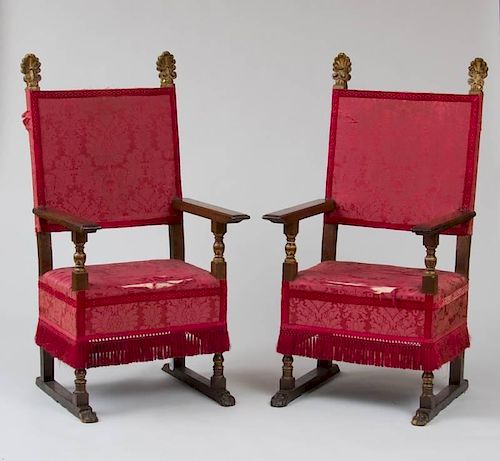 PAIR OF SPANISH BAROQUE WALNUT AND PARCEL-GILT TALL-BACK ARMCHAIRS