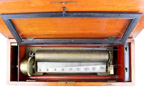 Swiss 13" cylinder music box in burl wood case