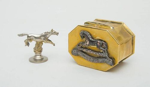 VICTORIAN BRASS REGIMENTAL BOX 'THE QUEEN'S OWN HUSSARS' AND A SILVERED METAL HORSE-FORM SEAL