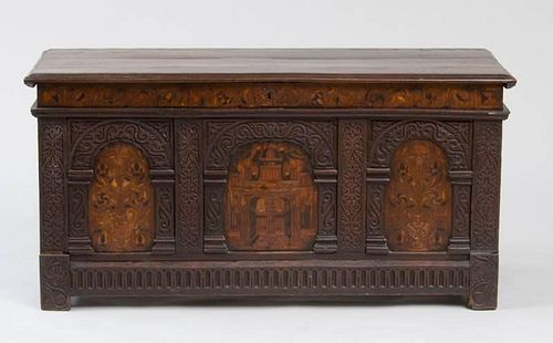 WILLIAM AND MARY STYLE INLAID AND CARVED OAK COFFER