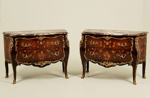 PR. OF MARQUETRY INLAID MARBLE TOP COMMODES