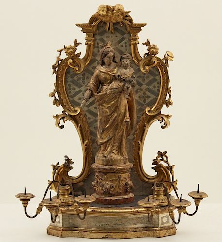19TH C. CARVED GILTWOOD SHRINE AND MADONNA FIGURE