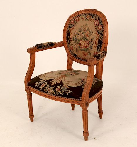 CARVED FRUITWOOD NEEDLEPOINT FAUTEUIL