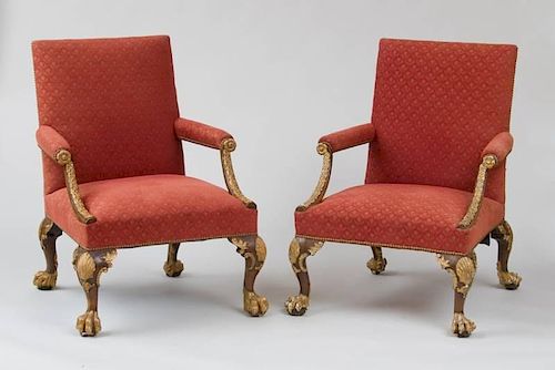 GEORGE II MAHOGANY AND PARCEL-GILT LIBRARY ARMCHAIR