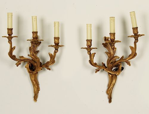 PAIR OF LOUIS XV STYLE GILT BRONZE 3 LIGHT WALL SCONCE