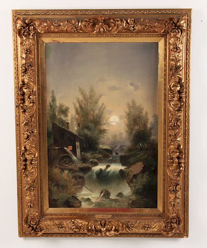 19TH C. SIGNED O/C PAINTING OF A MILL BESIDE STREAM 