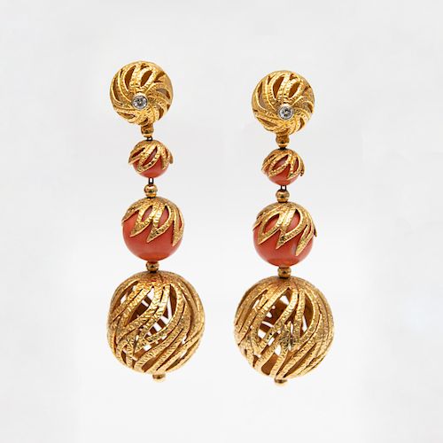 Van Cleef & Arpels 18k Gold and Coral Bead Pendant Earrings