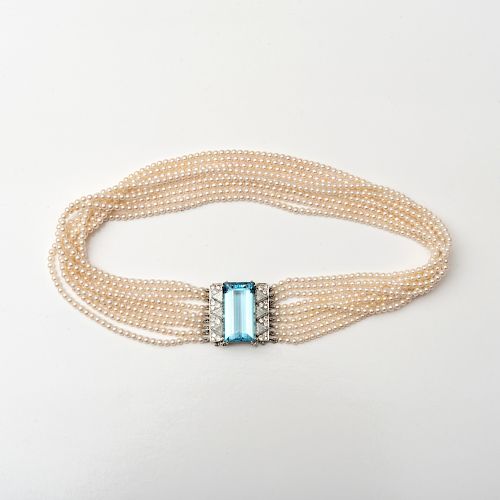 Nine Strand 18k White Gold, Aquamarine and Seed Pearl Choker Necklace