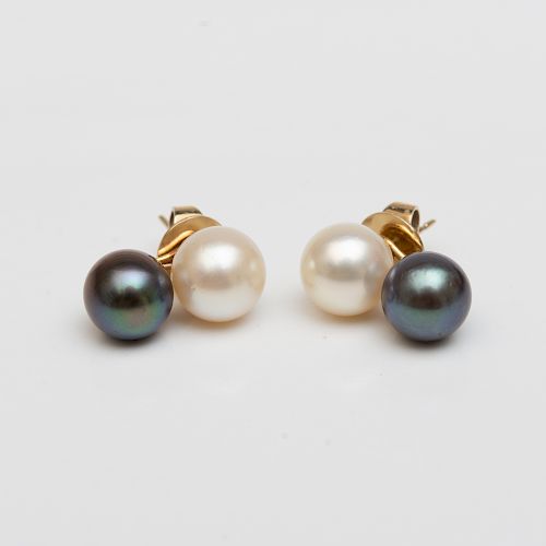 Pair of Black and White Cultured Pearl Earrings