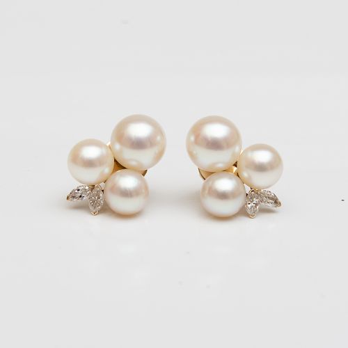 Pair of 18k Gold, Cultured Pearl and Diamond Earclips