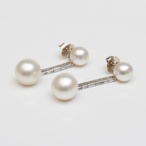 Pair of 18k Gold, Cultured Pearl and Diamond Pendant Earrings