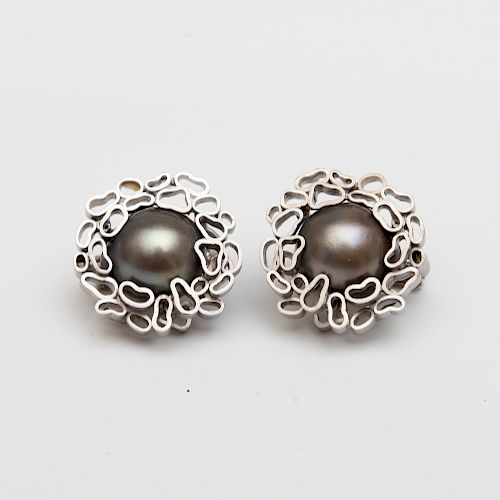 Pair of South Sea Tahitian Pearl Earclips, In the Style of Andrew Grima