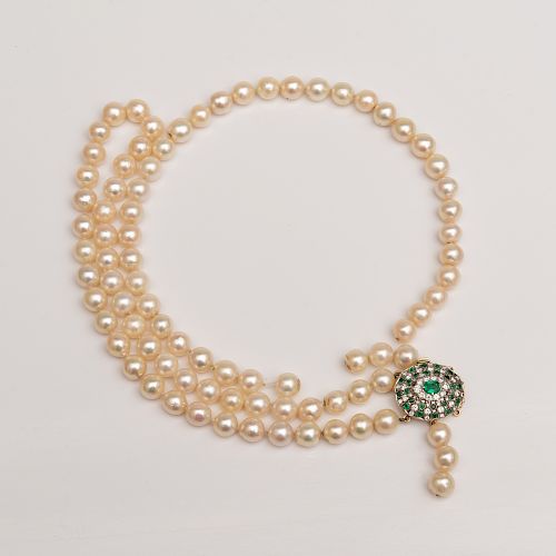 Double Strand Cultured Pearl Necklace with Diamond and Emerald Clasp