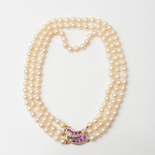 Triple Strand Cultured Pearl Necklace with Ruby and Diamond Clasp