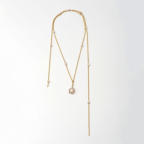 French 14k Gold and Baroque Pearl Long Chain and Pendant