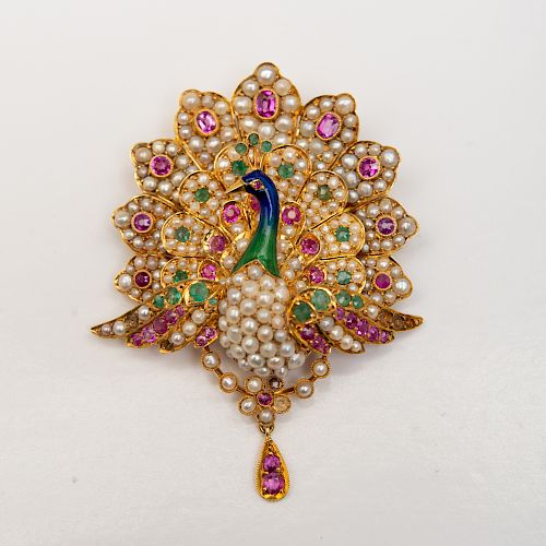 Jeweled 18k Gold Peacock Pendant Pin