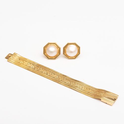 14k Gold Mesh Bracelet and Pair of 14k Gold and Pearl Earclips