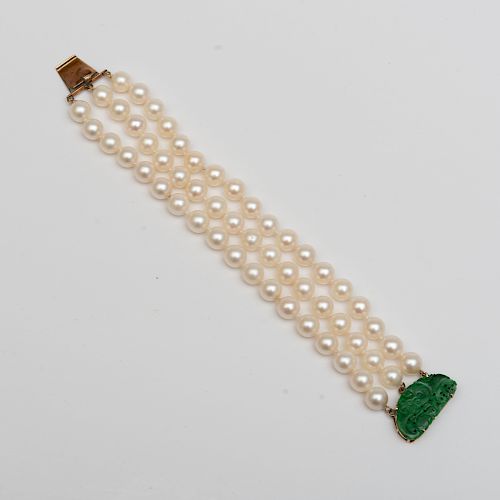 Triple Strand Cultured Pearl Bracelet with Jade Clasp