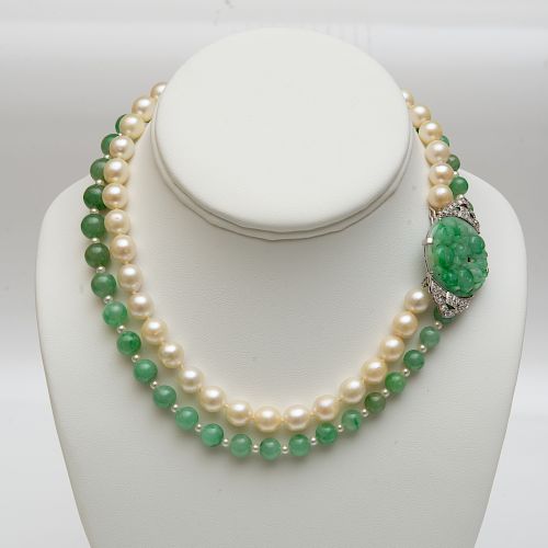 Jade Bead and Cultured Pearl Necklace