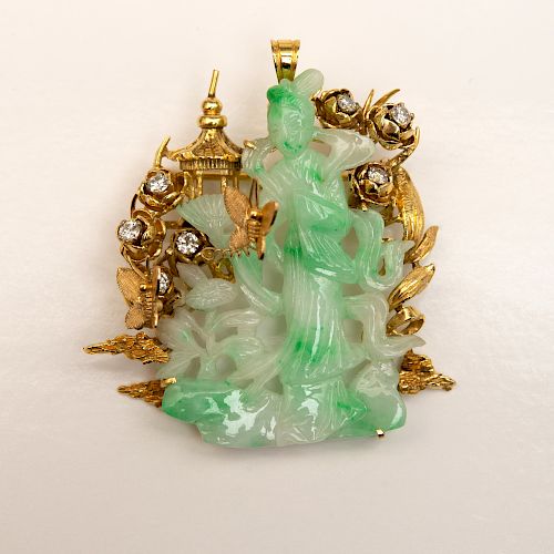 18k Gold and Carved Jade Pendant/Brooch