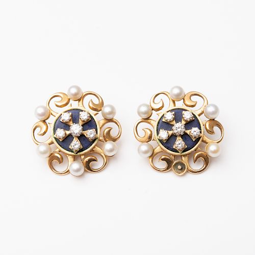 Pair of 14k Gold, Diamond, Lapis and Pearl Earclips