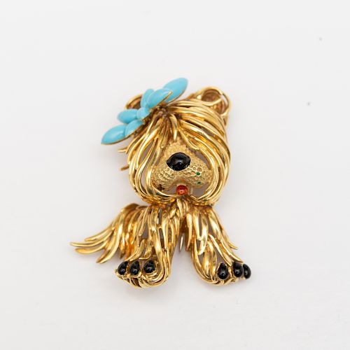 Fred Paris 18k Gold and Enamel Puppy Brooch