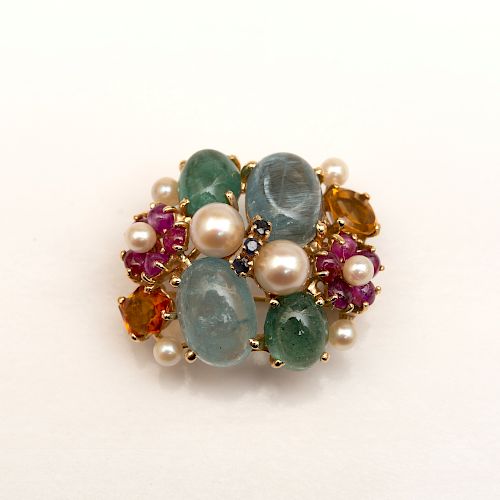 14k Gold and Colored Stone Brooch
