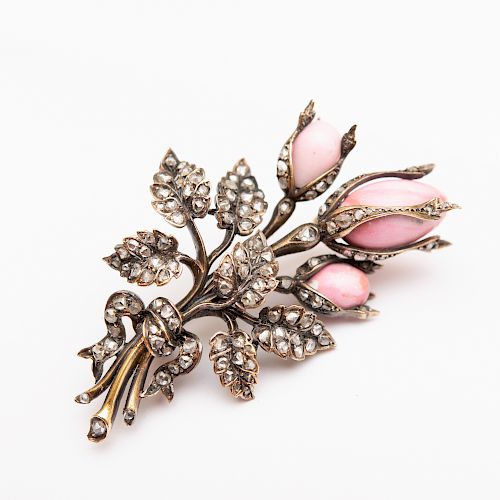 French 14k Gold, Silver, Diamond, Enamel and Conch Pearl Pin