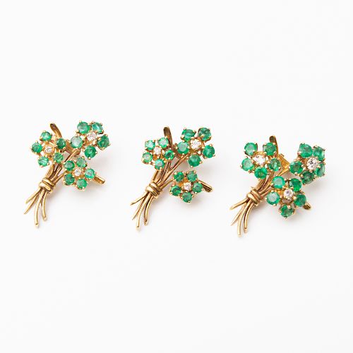 Three Vintage 14k Gold, Emerald and Diamond Flower Pins