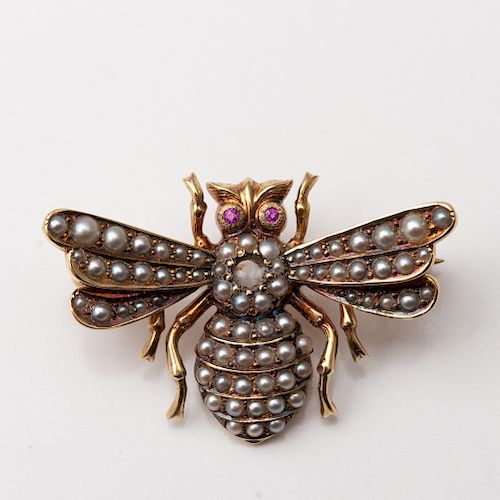 14k Gold and Seed Pearl Bee Pin