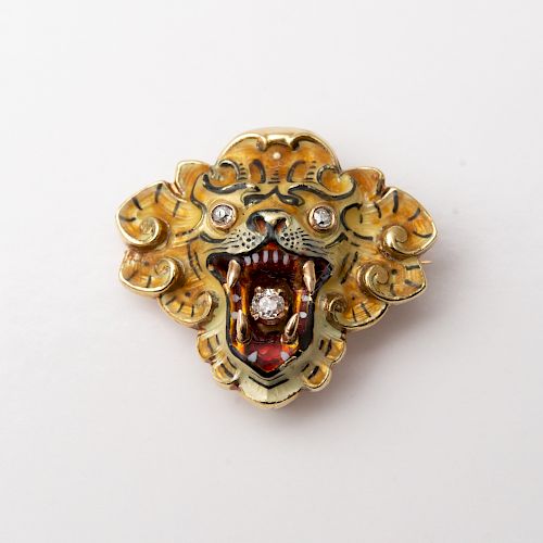 American 14k Gold and Enamel Tiger Head Pin