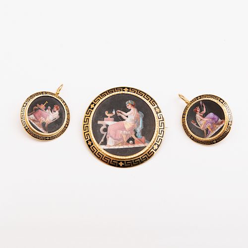 18k Gold and Enamel Brooch and Pair of Matching Earrings