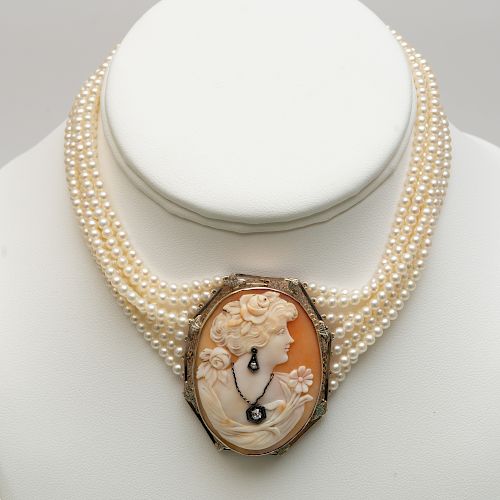 Seven Strand Seed Pearl and Shell Cameo Choker Necklace