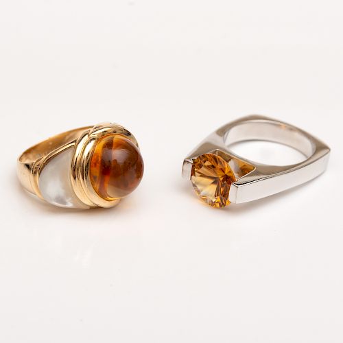 14k Gold, Mother-of-Pearl and Citrine Ring and a 14k White Gold and Citrine Ring