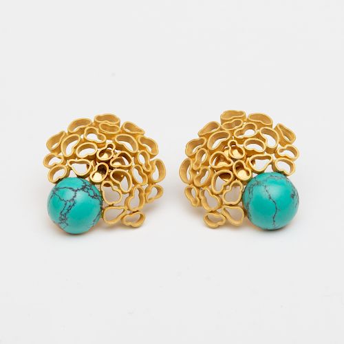 Pair of 18k Gold and Turquoise Earclips, in the Style of Andrew Grima