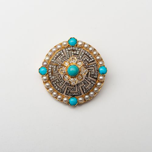 French 18k Gold, Turquoise and Diamond Brooch