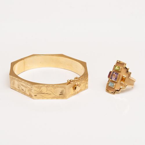 14k Gold Bangle Bracelet and a 14k Gold MAZ Multicolored Stone Ring