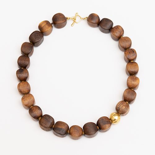 18k Gold and Wood Bead Necklace