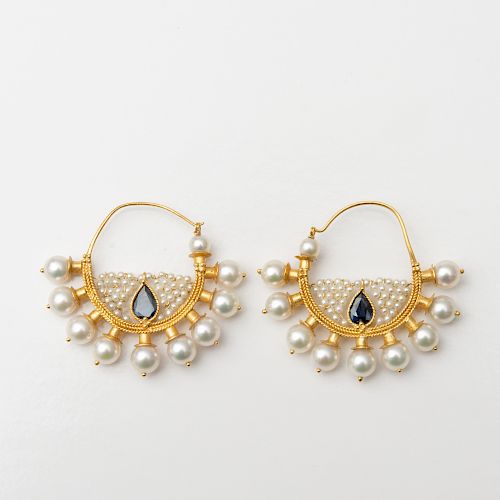 Indian 14k Gold, Pearl and Sapphire Hoop Earrings, Modern